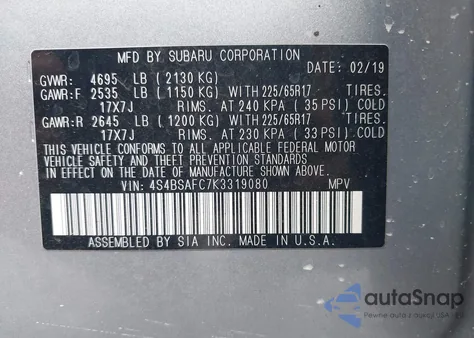 2019 Subaru Outback 2.5I Premium из США, поврежденный, VIN 4S4BSAFC7K3319080